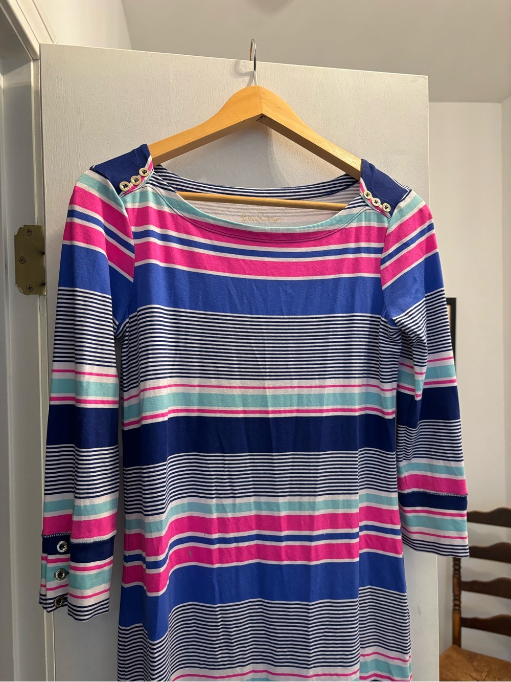 Lilly Pulitzer Striped Boatneck Long Sleeve Dress in Blue, Pink and Mint
